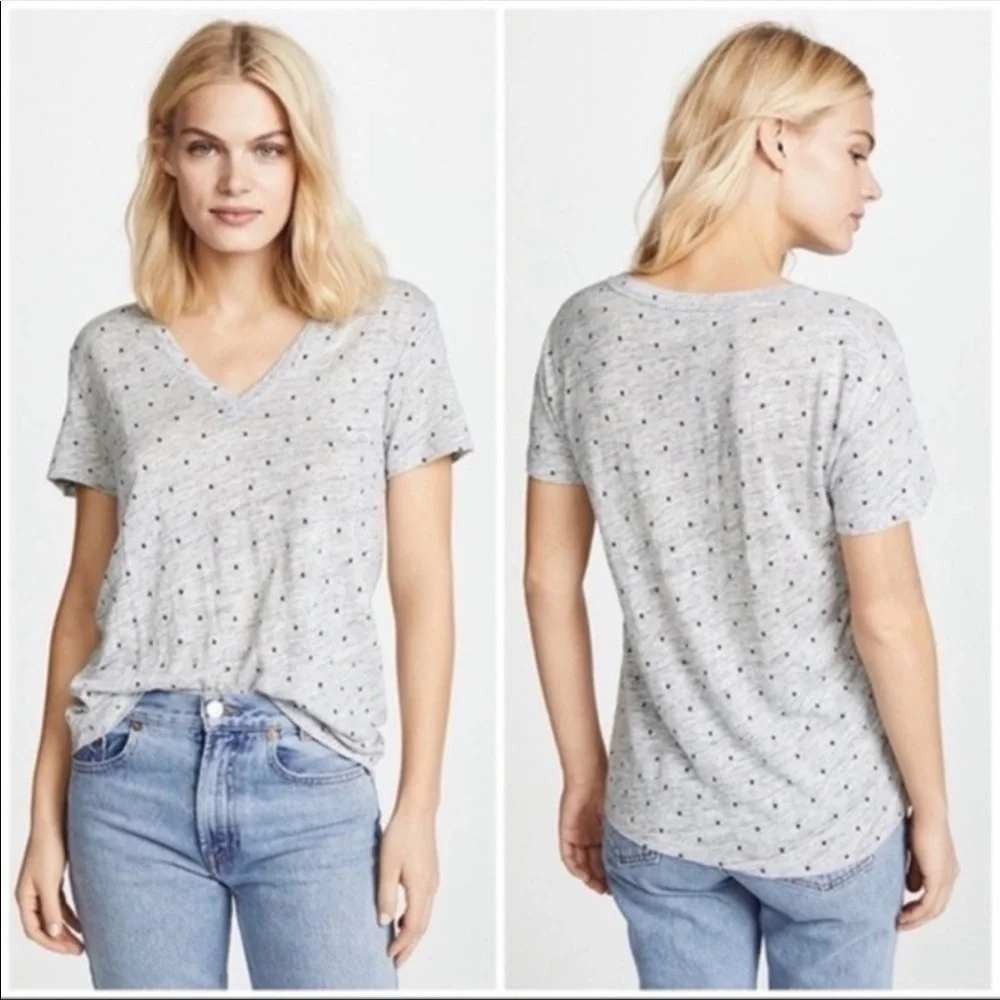 Rails Cara Gray Black Star Print V-Neck Linen Tencel Blend Tee Shirt Womens M